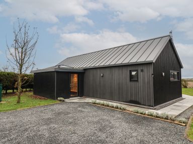 A black exterior building with a metal roof next to a gravel driveway and a small tree at Skylark in Bishop Wilton