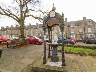 An outdoor stone fountain with a statue under a decorative metal canopy in a paved area with parked cars and stone houses in the background at Heatherbrae in Middleton-In-Teesdale