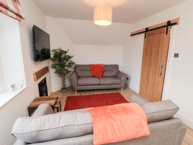 A small living room with two gray sofas a red rug a wooden sliding door and a wall-mounted television at 4 Maypole Green in Fylingthorpe