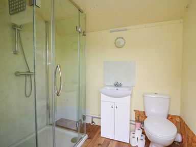 A bathroom with a glass shower enclosure a white sink with cabinet and a white toilet with toilet paper rolls on the floor at Brown Hare Shepherds Hut in Llangorse