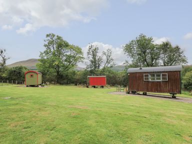 Three shepherd huts on a grassy field with trees and hills in the background at Brown Hare Shepherds Hut in Llangorse