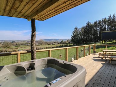 An outdoor decking area with a hot tub a wooden picnic table and a view of fields and hills at Llety Cariad in Llandrindod Wells