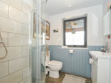 A bathroom with a shower, toilet, sink, window, and blue wainscoting at Lillemor in South Tawton near Whiddon Down