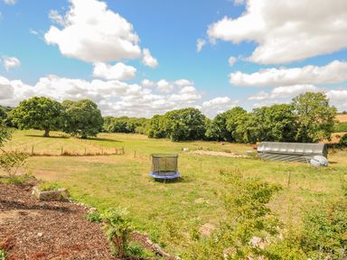 A grassy field with a trampoline and a shed surrounded by trees at Lillemor in South Tawton near Whiddon Down