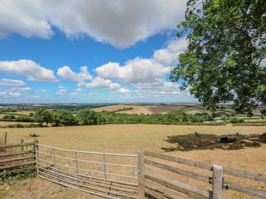 A metal gate leading to a fenced field with sheep under a tree and rolling hills in the background at Lillemor in South Tawton near Whiddon Down