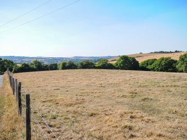 A pasture field with dry grass fenced by wooden posts and wire with trees and hills in the background at Lillemor South Tawton near Whiddon Down