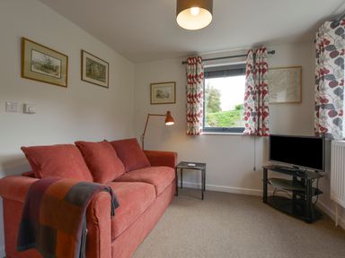 A room with a red sofa and floor lamp next to a window with patterned curtains and a TV on a glass stand at Lillemor South Tawton near Whiddon Down