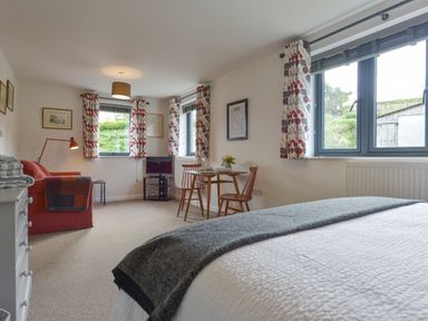 A room with a bed, a small wooden dining table with two chairs, a red armchair, a television on a stand, and windows with patterned curtains at Lillemor in South Tawton near Whiddon Down