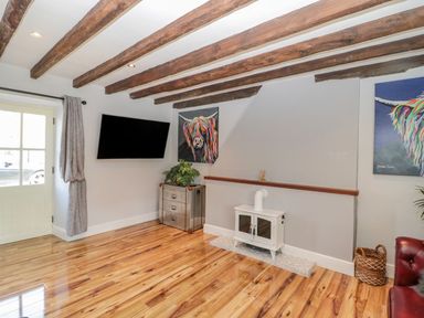 A room with wooden ceiling beams a mounted TV a white stove a metal chest with plants and colorful bull paintings at O'Neil Cottage in Beadnell