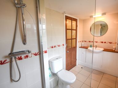 A bathroom with a shower, toilet, wooden door, sink, round mirror, and tiled walls at Barley Cottage in Weycroft near Axminster