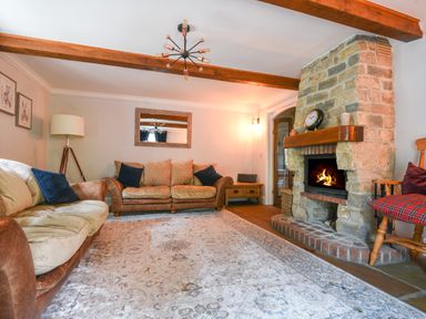 A living room with a stone fireplace two sofas a wooden chair and a rug at Barley Cottage in Weycroft near Axminster