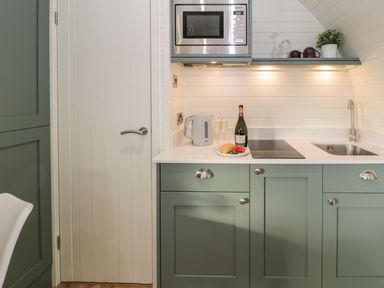 A kitchen with green cabinets a microwave kettle sink countertop with bottle and glasses at Yr Onnen Bontuchel near Ruthin