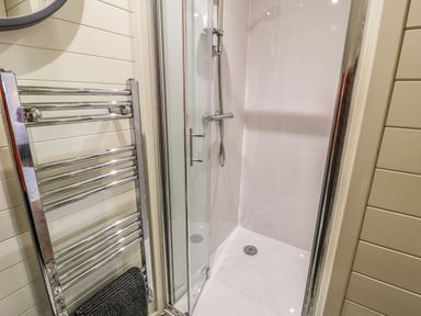 A bathroom shower area with glass doors and a chrome towel rail with a dark towel at Yr Onnen in Bontuchel near Ruthin