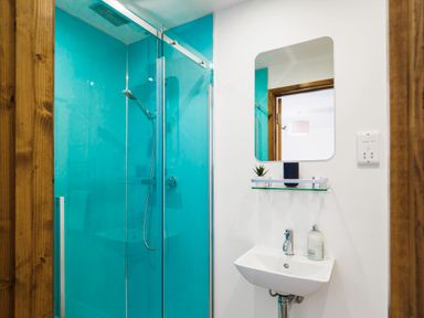 A bathroom with a turquoise glass shower enclosure a sink with a faucet and soap dispenser a mirror and a small shelf with a plant at Trelawney Mawnan Smith Near Falmouth