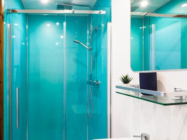 A bathroom with a glass shower enclosure blue walls a mirror and a small shelf holding a plant and speaker at Trelawney in Mawnan Smith Near Falmouth