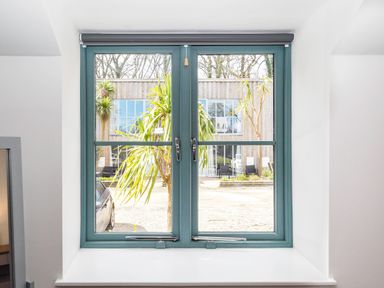 A window with green frames showing a view of a palm tree and a wooden building outside at Trelawney in Mawnan Smith Near Falmouth
