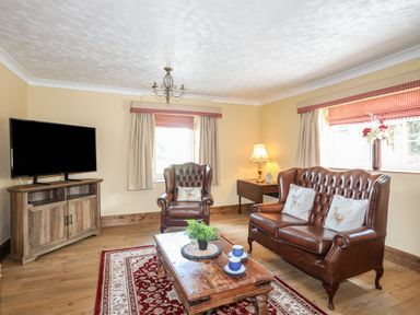 A living room with leather chairs wooden coffee table television and patterned rug at Frongoch Cottage in Red Wharf Bay near Pentraeth