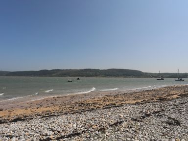 A rocky beach with boats on water and a forested hill in the distance at Frongoch Cottage in Red Wharf Bay near Pentraeth