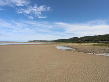 A sandy beach with tidal pools next to a forested hill under a partly cloudy sky at Frongoch Cottage Red Wharf Bay near Pentraeth