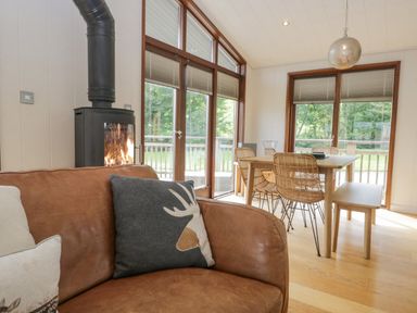 A living room with a brown sofa and wood burning stove next to a dining table with rattan chairs at Rivendell Lodge Roger Ground near Hawkshead