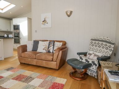 A living room with a leather sofa with antler pillows a patterned armchair with ottoman and a colorful rug at Rivendell Lodge in Roger Ground near Hawkshead