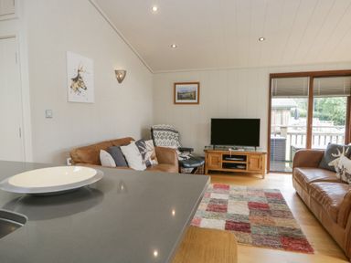 A living room with leather sofas a TV on a stand and a sliding glass door at Rivendell Lodge in Roger Ground near Hawkshead