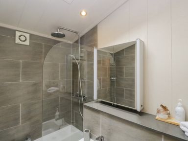 A bathroom with a shower area glass panel and wall-mounted mirror cabinet at Rivendell Lodge in Roger Ground near Hawkshead