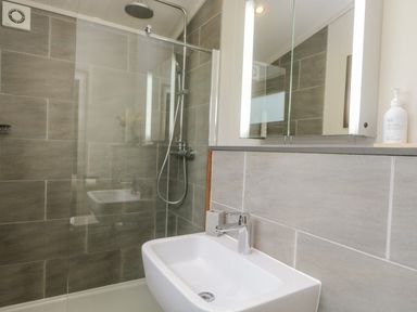 A bathroom with a shower area and a sink with a mirror cabinet above at Rivendell Lodge in Roger Ground near Hawkshead