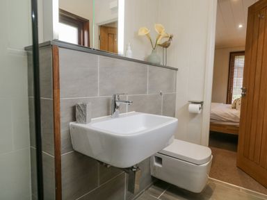 A bathroom with a wall-mounted sink toilet and flowers in a vase at Rivendell Lodge Roger Ground near Hawkshead
