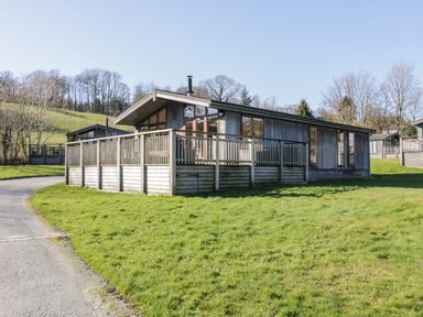 A wooden cabin with a deck and railing on a grassy plot with trees in the background at Rivendell Lodge Roger Ground near Hawkshead
