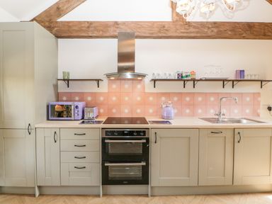A kitchen with wooden beams pink star tiled backsplash purple appliances and open shelves at The Forge in Taunton