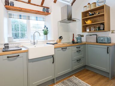 A kitchen with blue cabinets a sink a toaster kettle shelf with jars and utensils at Well Cottage in Grimston