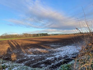A plowed field with patches of snow and frost under a cloudy sky at Well Cottage in Grimston