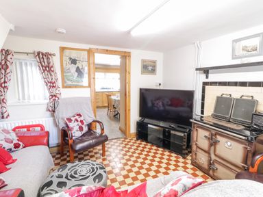 A living room with a checkered floor a TV a vintage stove and seating at Peters Farmhouse in Cookstown