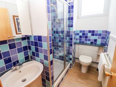 A bathroom with a sink a shower cubicle and a toilet with blue and purple tiles at Gower View in Tenby