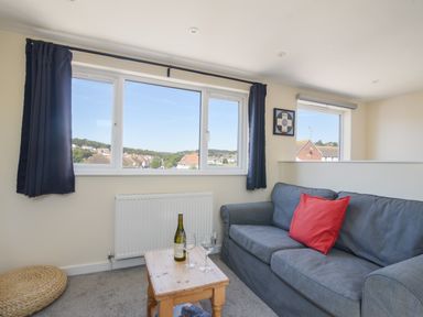 A small living room with a gray sofa a red pillow a wooden coffee table with a bottle and two glasses two windows with dark curtains and a view of houses at Ayla in Lyme Regis