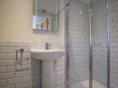 A bathroom with a pedestal sink mirror and a glass door shower at Ayla in Lyme Regis