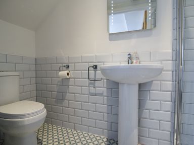 A bathroom with a toilet a pedestal sink a mirror and towel holders at Ayla in Lyme Regis