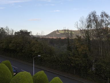 A view of a road with a streetlamp and bushes in the foreground and a hill with trees in the background at 3 Trem Y Dolydd in Dolgarrog near Llanrwst