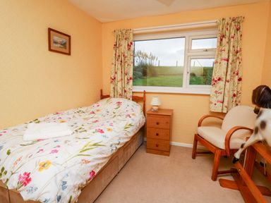 A small bedroom with a single bed floral bedding a wooden bedside table lamp armchair and window with floral curtains at Llwynon in Goginan near Aberystwyth