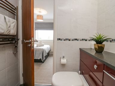 A bathroom with a toilet a countertop with a plant and towels on a heated towel rail looking into a bedroom at Holme Fell in Coniston