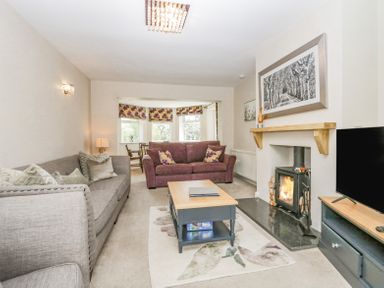 A living room with two sofas a coffee table a fireplace and a television at Holme Fell Coniston