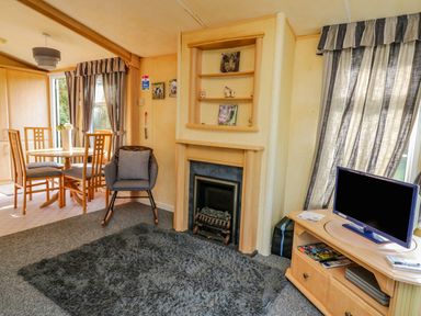 A living room with a fireplace a gray rug a television on a wooden stand a round dining table with chairs and a gray armchair at Rosehaven in Tegryn near Crymych
