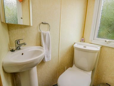A bathroom with a white sink a towel on a ring and a white toilet near a window at Rosehaven Tegryn near Crymych