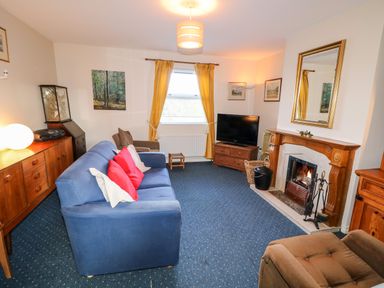 A living room with a blue sofa and red cushions a wooden fireplace and a television at 17 Buninver Road in Gortin