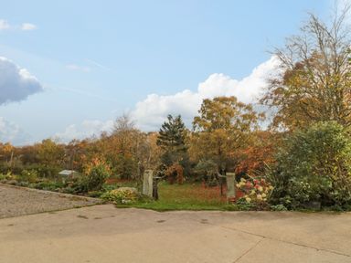A garden with trees bushes and a swing set at High Barns Cottage Longhorsley near Morpeth