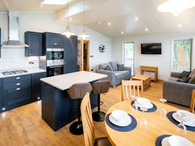 An open plan kitchen and living room with navy cabinets grey sofas a dining table set and a wall mounted TV at Bluebell Lodge in Gargrave