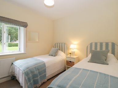 A bedroom with two single beds a window and a bedside table with a lamp at The Roost in Cheriton near Alresford