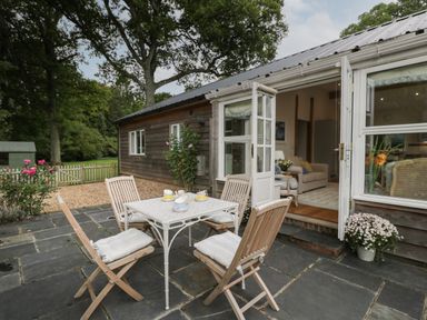An outdoor patio with a table and four chairs with cushions and teacups next to a wooden house with open doors at The Roost in Cheriton near Alresford