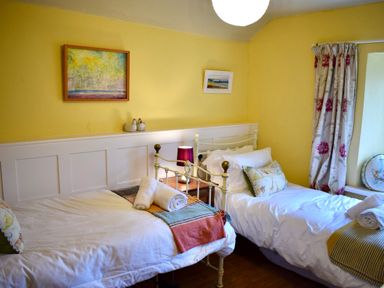 A bedroom with two single beds bedside table with lamp yellow walls and floral curtains at Trewenna Roseland Tregony